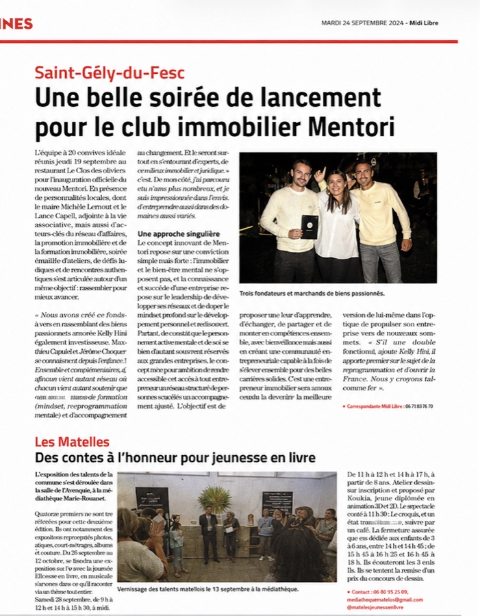 Article Midi Libre du 24 septembre 2024 : Une belle soirée de lancement pour le club immobilier Mentori